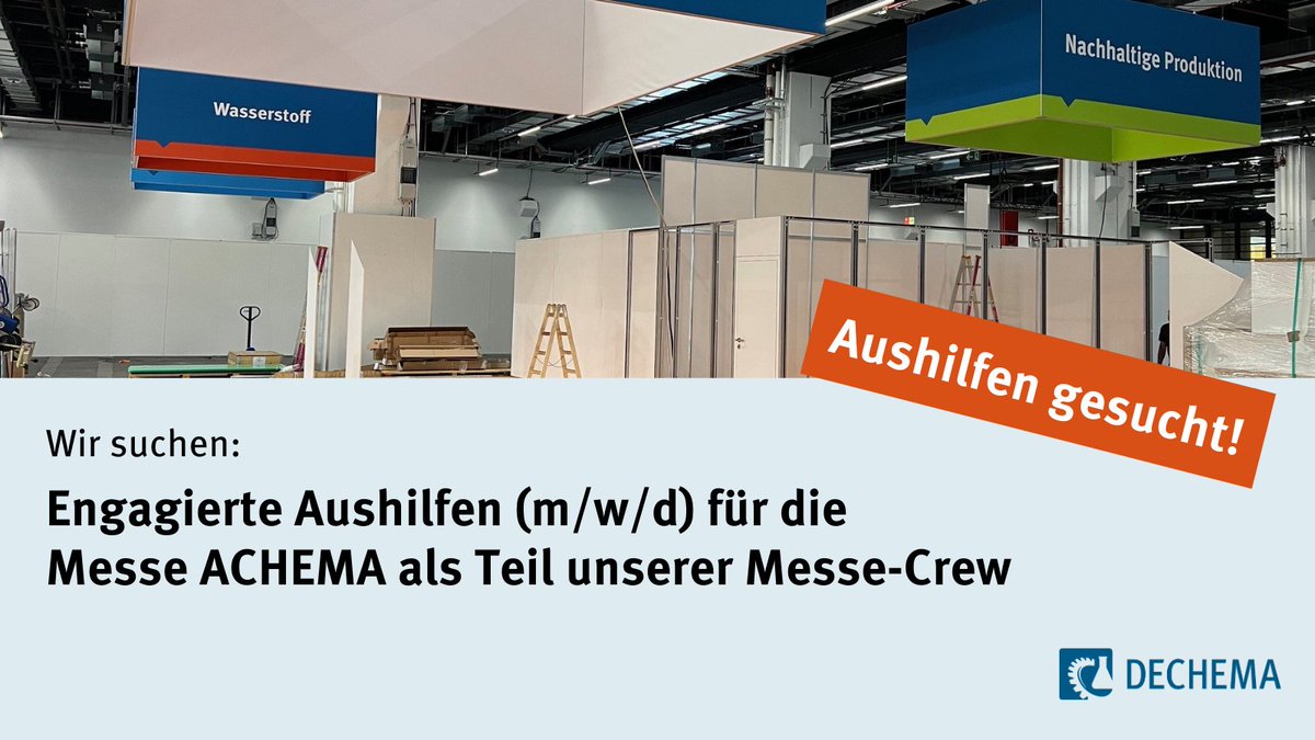 Gesucht werden Teamplayer, die uns in der Vorbereitung und Durchführung der Prozessleitmesse ACHEMA in Frankfurt im Juni 2024 unterstützen. Hier mehr erfahren: karriere.dechema.de/jobposting/682… #job #jobs #Frankfurt #Messe #stellenanzeige