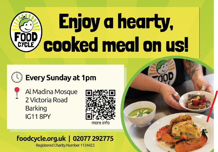 lbbdcouncil's tweet photo. Enjoy a FREE delicious home-cooked meal with FoodCycle at Al Madina Mosque every Sunday at 1pm 🤩 

There's no need to book. Simply pop in to enjoy a tasty meal &amp; great chat with your local community! 😋 

Find out more 👇🏾 
https://t.co/77kGzb5Lku

#BDSupport 🫶🏾 https://t.co/BlTPpRY87t
