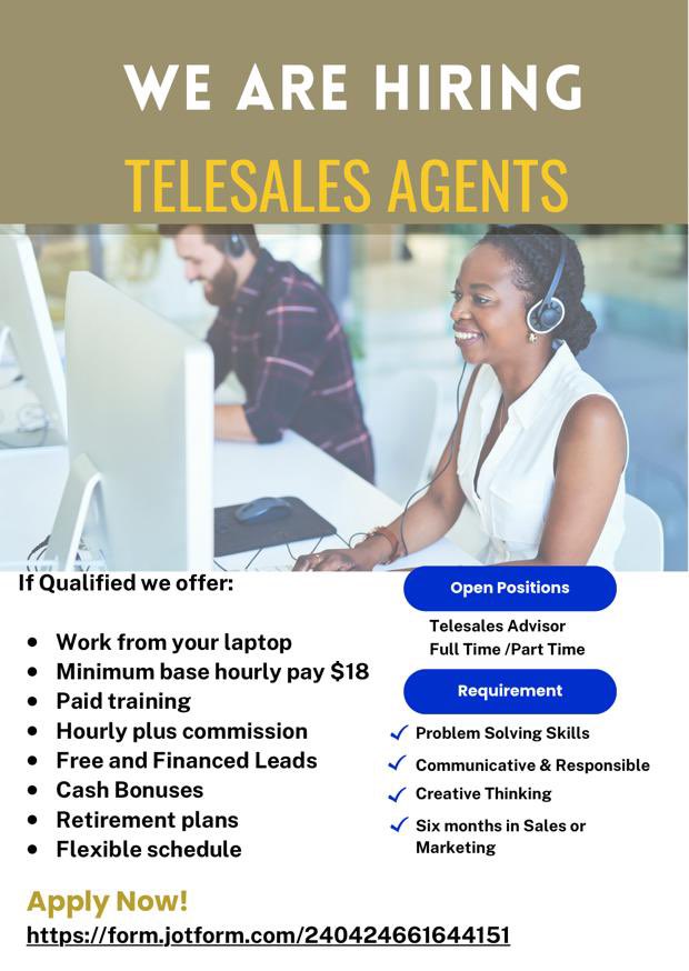 rolemodelagent's tweet image. WE ARE HIRING TELESALES AGENTS
Apply Now!
Click here: 
form.jotform.com/240424661644151
If qualified we offer:
• Work from your laptop
• Minimum base hourly pay $18
• Paid training
• Hourly plus commission
• Free and Financed Leads
• Cash Bonuses
• Retirement plans