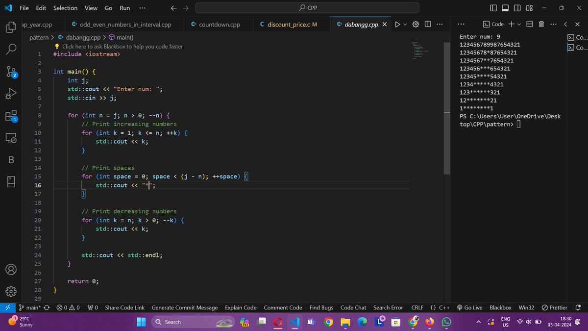 SunnyTy43375700's tweet image. &quot;Day 6: Diving deep into while loops and patterns – unraveling the intricacies of code repetition with every loop! 💡💻 #100DaysOfCode #PatternMagic #LoopingLogic&quot;