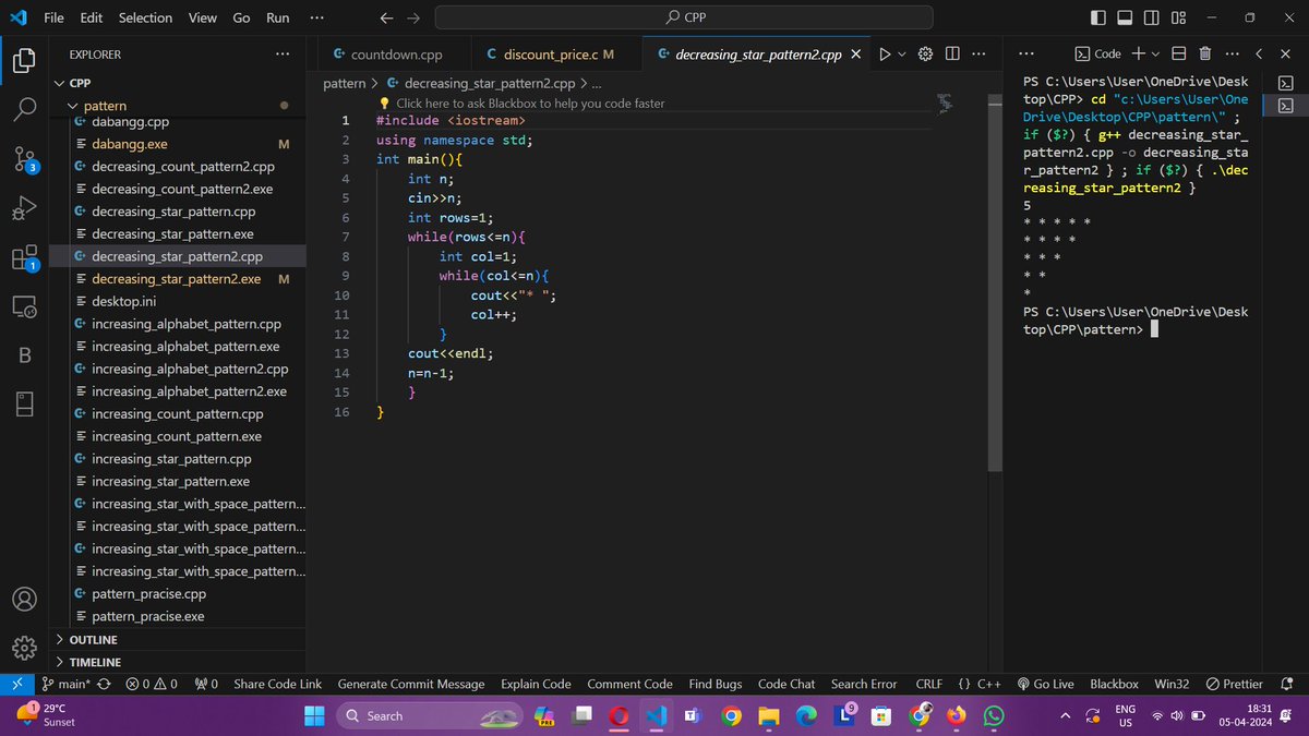 SunnyTy43375700's tweet image. &quot;Day 6: Diving deep into while loops and patterns – unraveling the intricacies of code repetition with every loop! 💡💻 #100DaysOfCode #PatternMagic #LoopingLogic&quot;