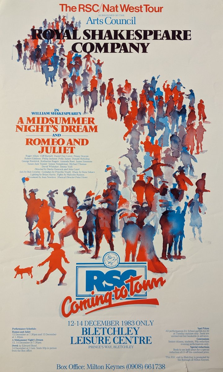 There are lots of famous names in this @TheRSC poster we've found, shared for #MKMonday! For a few days in 1983, Bletchley Leisure Centre hosted two Shakespearean plays and a performance of 'Derek' by Edward Bond.