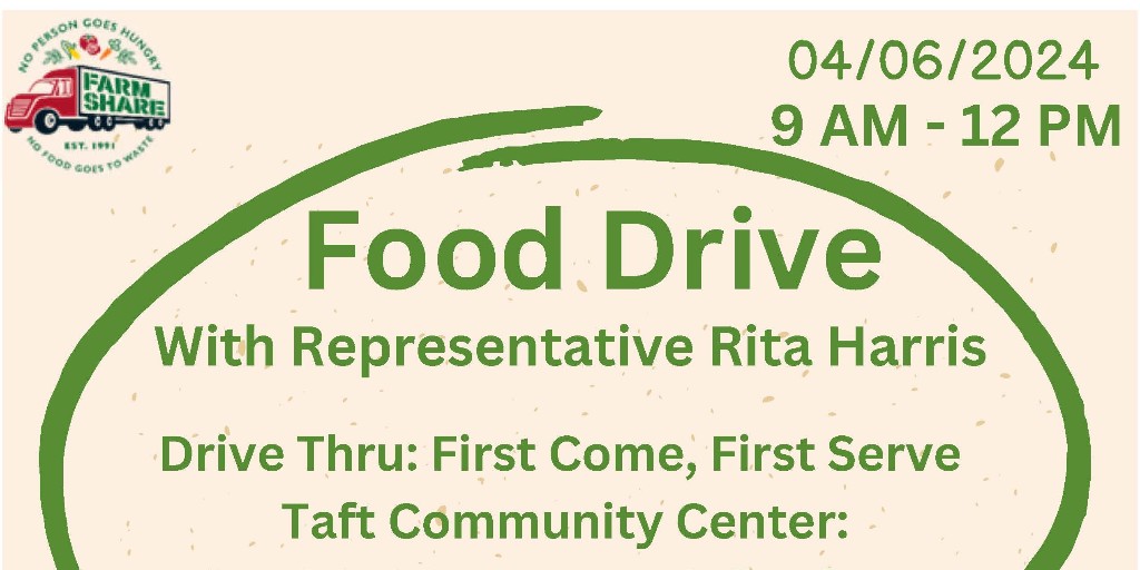 Join Farm Share and Representative Rita Harris as we serve the Orlando community this Saturday, April 6th 🥦🍅 📅 Date: April 6th, 2024 🕘 9:00 AM - 12:00 PM 📍Taft Community Center - 9450 S Orlande Ave, Orlando, FL 32824 🍎 While supplies last. Food is first come, first serve