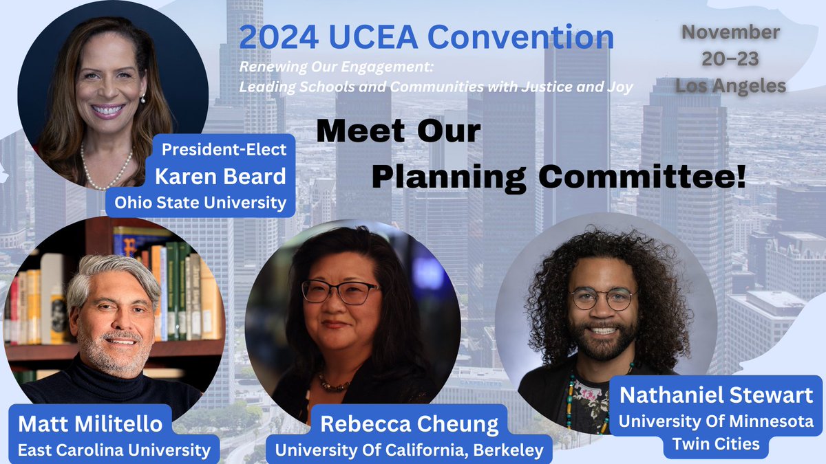 Introducing the exceptional minds behind #UCEA24's Convention Planning Committee: Drs. Karen Stansberry Beard, @RebeccaCheung5, @MilitelloMatt, and @NateStew22! 🌟 #LeadershipMatters @DrMoniByrne @UCEAJSN @UCEAGSC ucea.org/convention_upc…