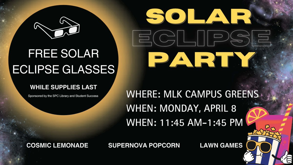 Don't miss the cosmic celebration! Join us for a solar eclipse party at our MLK Campus on April 8th from 11:45 am to 1:45 pm.