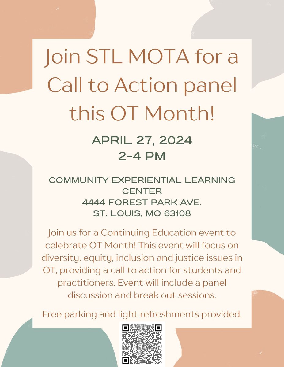 Join the St. Louis District @MissouriOTAssoc for a CEU event to celebrate OT Month on Saturday, April 27 from 2:00 to 4:00 p.m. This event is open to all OT professionals! WashU OT Alumni welcome! RSVP at ow.ly/p16450R8C6P or by scanning the QR code. #OTMonth #MOTA