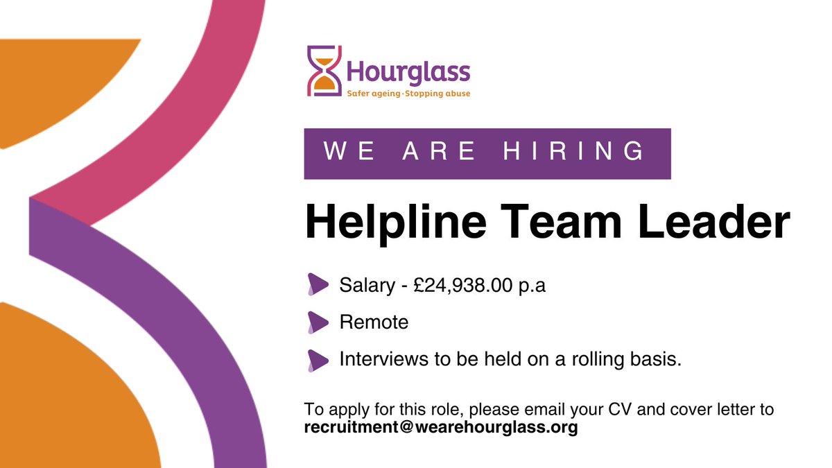 📣 New Job Opportunity We are seeking a Helpline Team Leader to be responsible for the day-to-day supervision of our 24/7 Helpline. Visit wearehourglass.org/recruitment for more information.