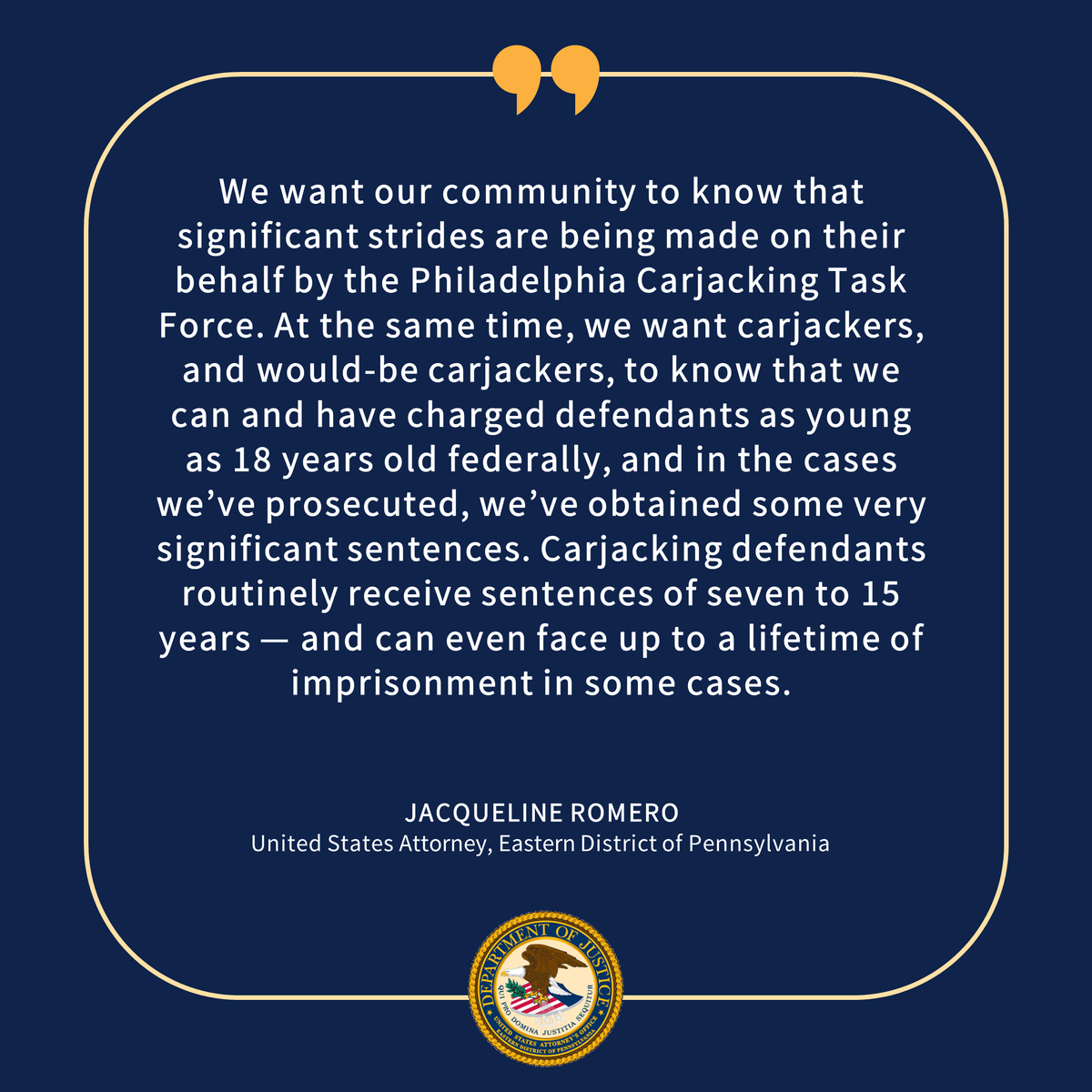 Philadelphia Carjacking Task Force Highlights Significant Cases, Impact Since Its Formation 2 Years Ago; U.S. Attorney, ATF, FBI, Philadelphia Police Department Reiterate the Lengthy Sentences Possible for Carjackers, Even First-Time Offenders justice.gov/usao-edpa/pr/p…