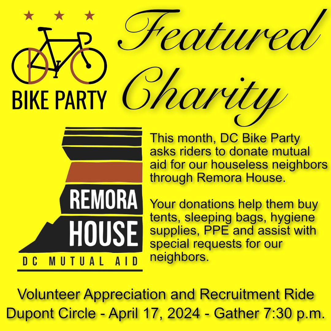 This month, @dcbikeparty asks riders to donate linktr.ee/dcbikeparty?fb… mutual aid to @RemoraHouse_DC, a local mutual aid society that helps out houseless neighbors. Your donations help buy tents, sleeping bags, hygiene products, PPE and more!