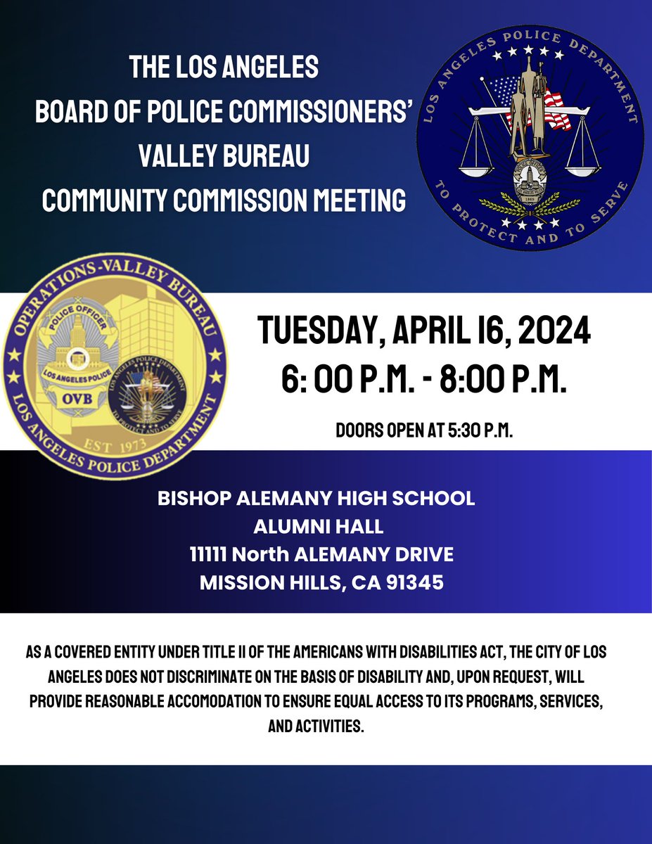 Agenda for the Board of Police Commissioners special meeting scheduled for Tuesday, April 16, 2024 at 6pm. The meeting will be held at Bishop Alemany High School, 11111 N Alemany Dr. in Mission Hills. Additional details are included within the agenda.