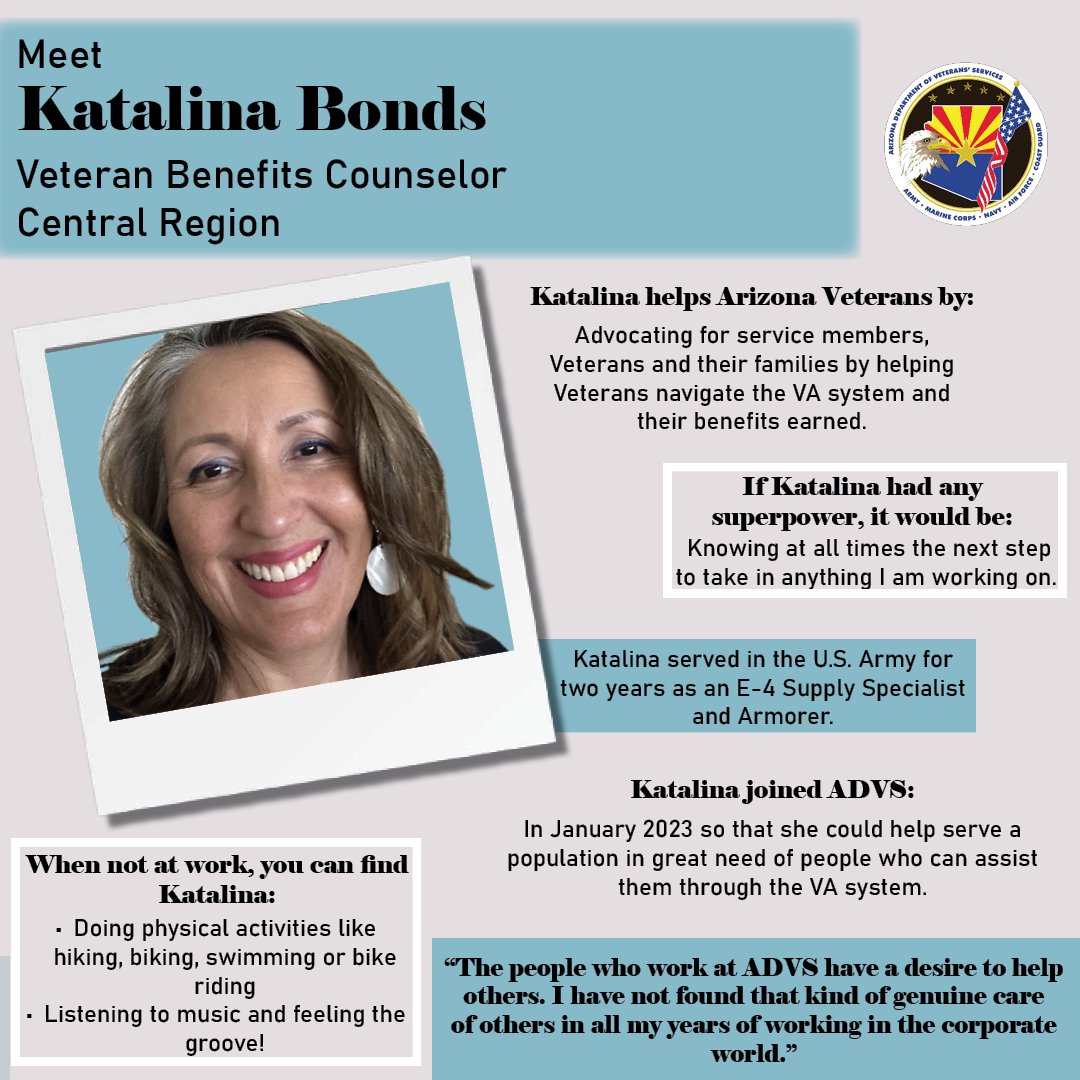 After serving for two years in the @USArmy, Katalina Bonds decided she wanted to be in a position where she could continue to help serve people and contribute to a population in need. She's our next @AZVETS staff spotlight! READ MORE: dvs.az.gov/news/staff-spo… #AZVets #Veterans