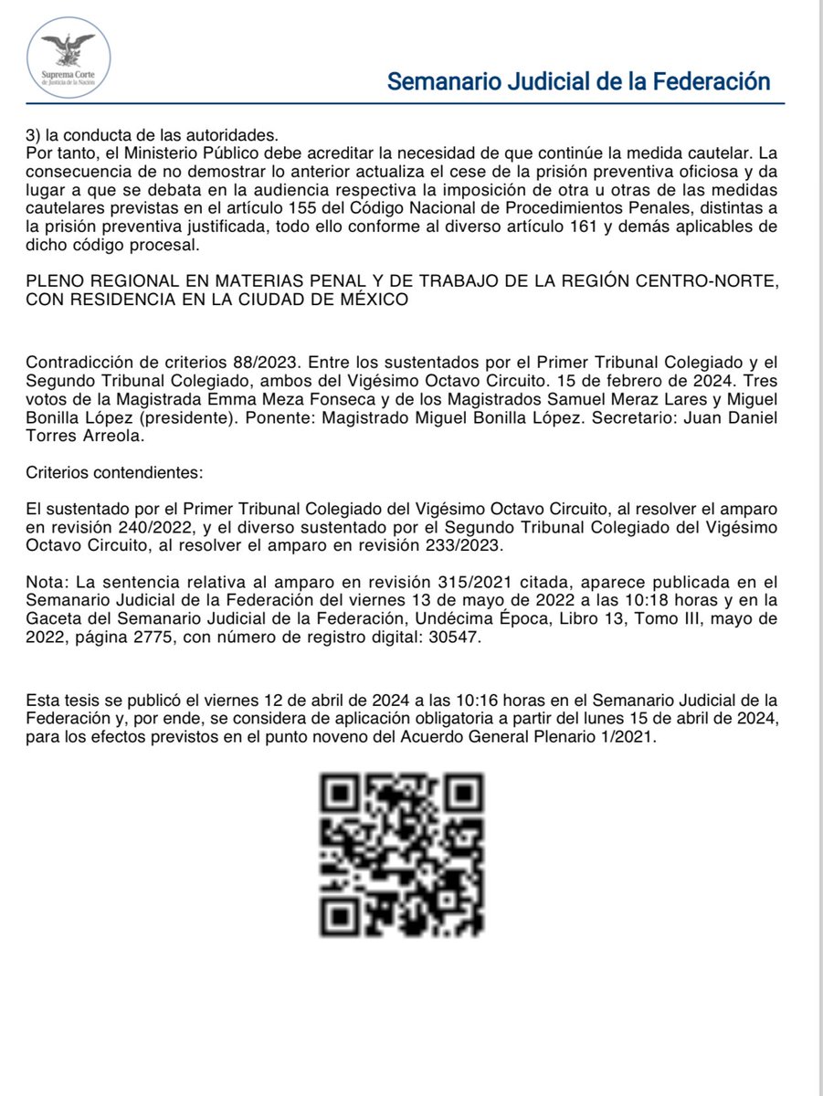 YM87B's tweet photo. La consecuencia de que el MP no demuestre la necesidad de continuar con la medida cautelar, actualiza el cese de la prisión preventiva oficiosa y da lugar a que se debata en la audiencia respectiva la imposición de otra u otras de las medidas, distintas a la prisión preventiva justificada.