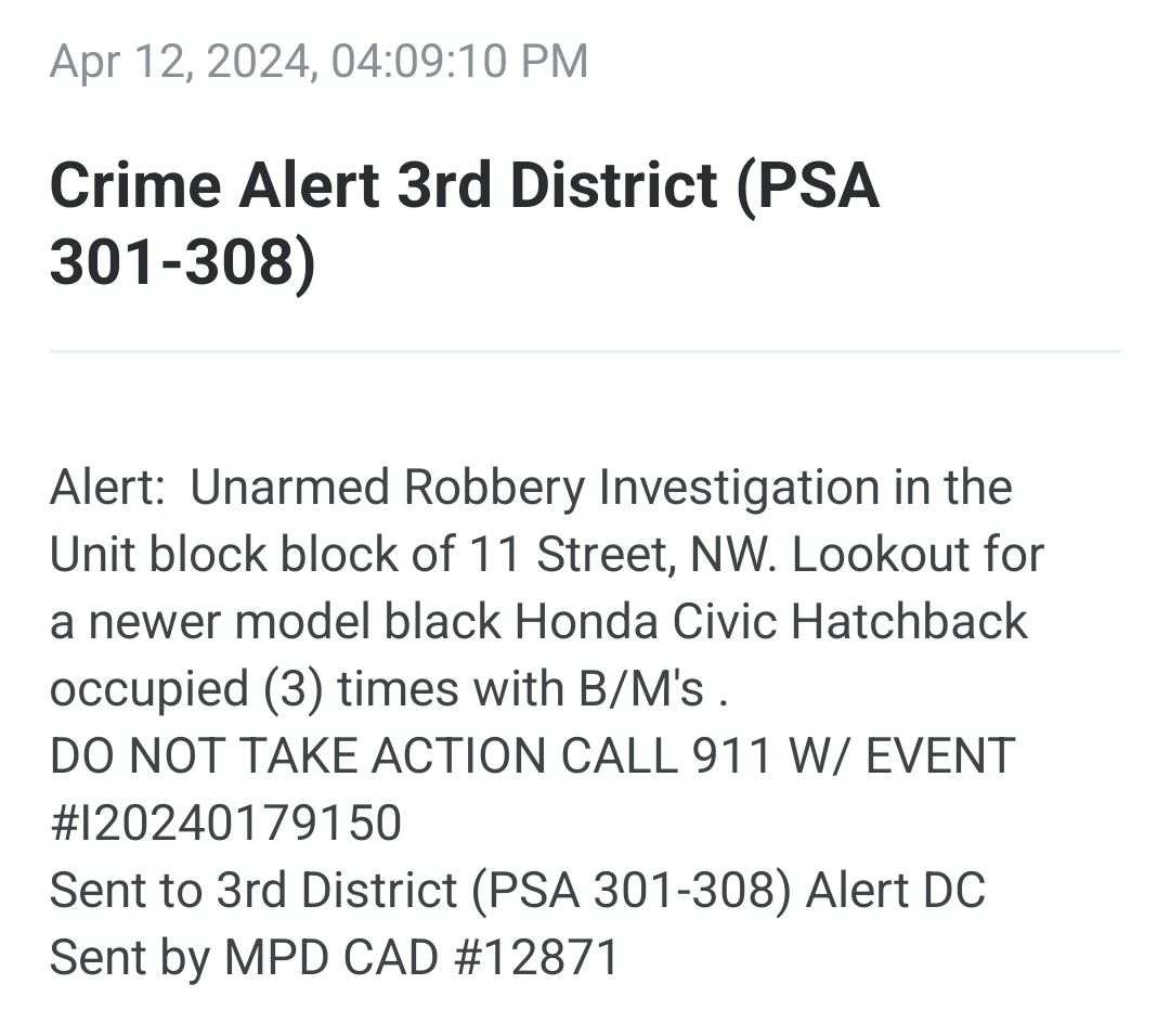 ROBBERS DITCH CARJACKED AUTO--- 200 blk Q St NW. Suspects in earlier robbery abandoned the car and fled on foot. That car was carjacked from PG Co. They stole some ipods in the robbery this afternoon. Police have at least one teen in custody in the 100 blk Florida Ave NW.…