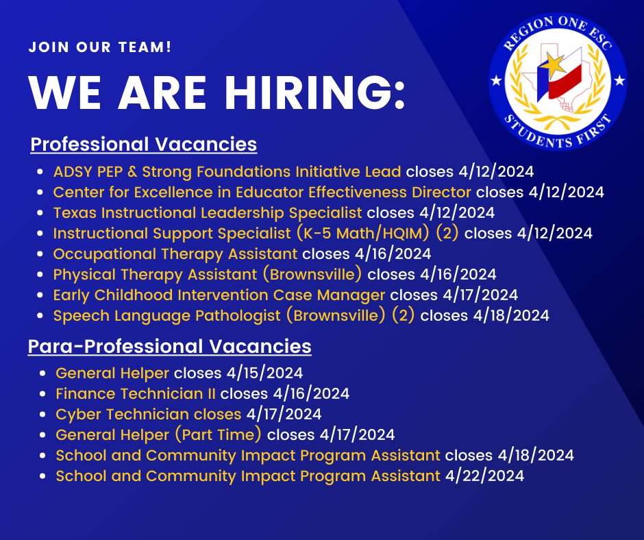 ⏰ Don't miss your chance to join our team. Multiple vacancies are closing. Learn more and submit your application at esc1.net/vacancies. #956rgv