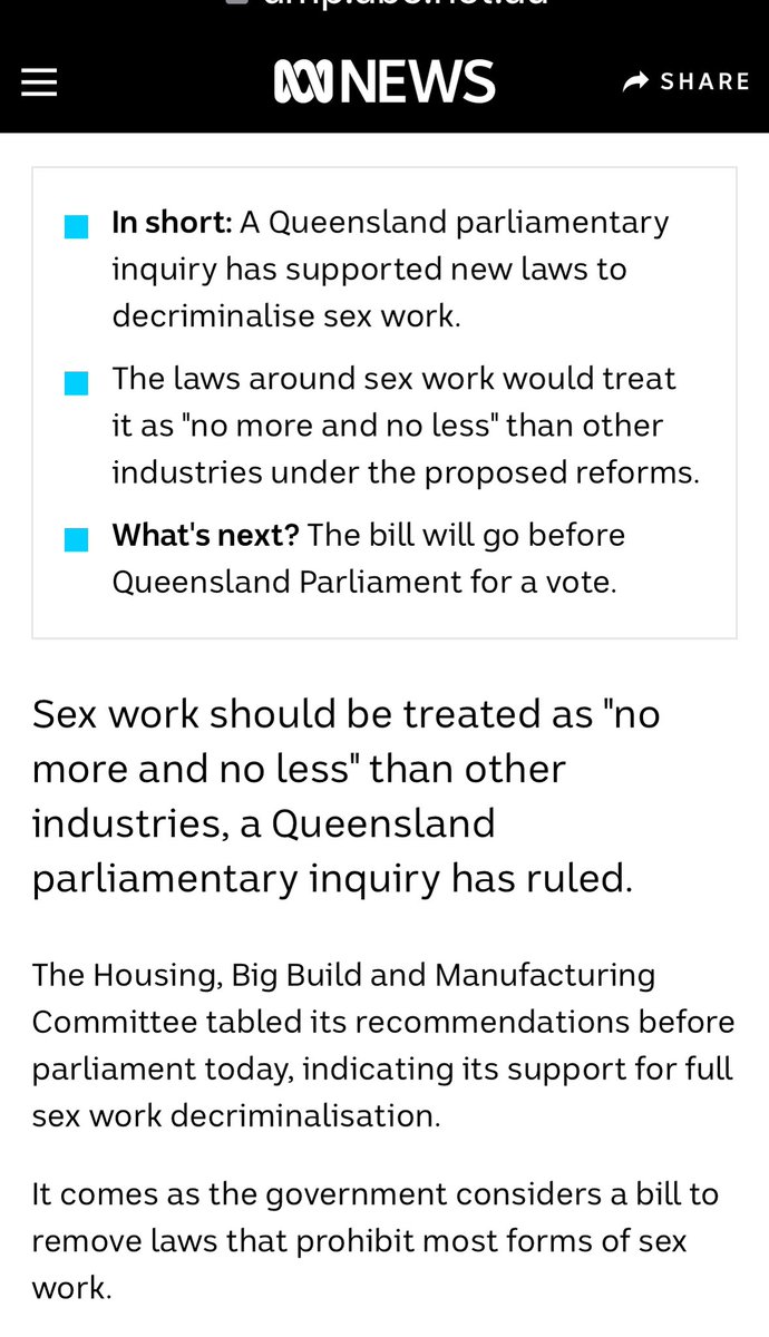 “Sex work should be treated as 'no more and no less' than other industries”

No other “workplace” is the inside of a woman’s body 

No other workplace risks STIs, pregnancy, assault, rape & murder

No other workplace has astronomical rates of drug & alcohol abuse to get through a…