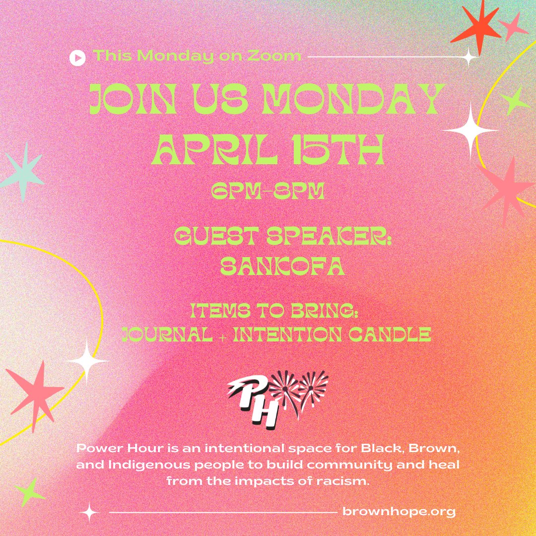 Join us Monday April 15th  from 6-8pm via Zoom with guest speaker Sankofa!