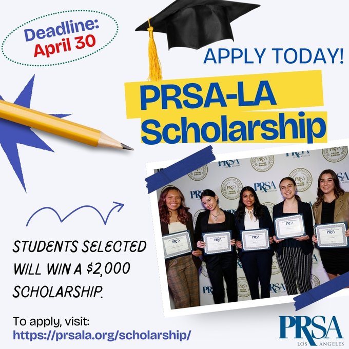 📣 @PRSALA #Scholarship submission deadline is fast approaching! If you are a student & interested in receiving a $2,000 scholarship & (1) year FREE access to all PRSA-LA webinars & events, then submit your application now. Apply here: prsala.org/scholarship/ Deadline is APR 30.