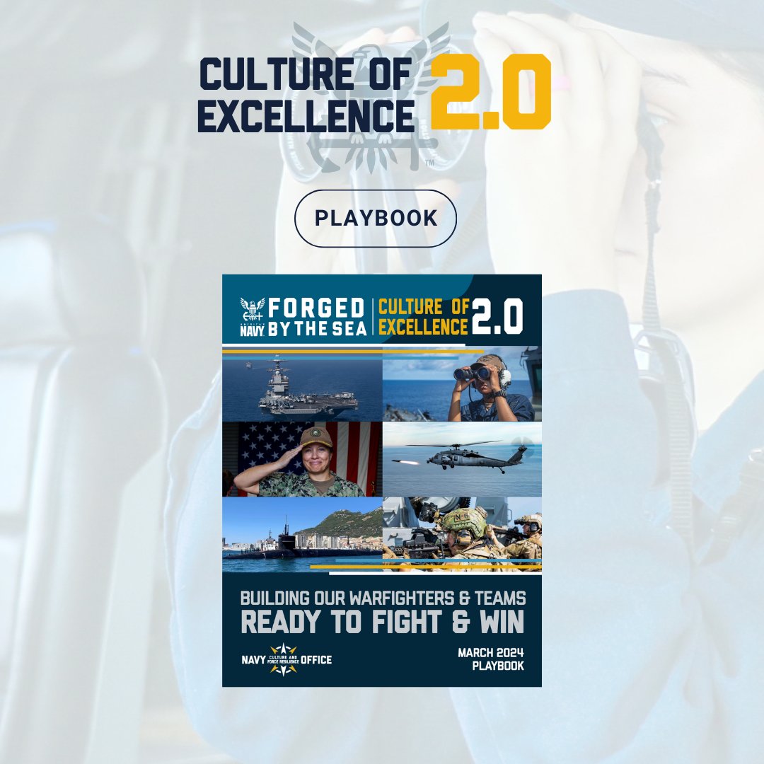Have you started reading through the Culture of Excellence 2.0 Playbook? Topics in the playbook include: -Warrior Toughness -Command Climate Assessments -Prevention and Response Programs -Family Readiness -And much more! 🔗 View all COE 2.0 resources: bit.ly/3uYFvfP