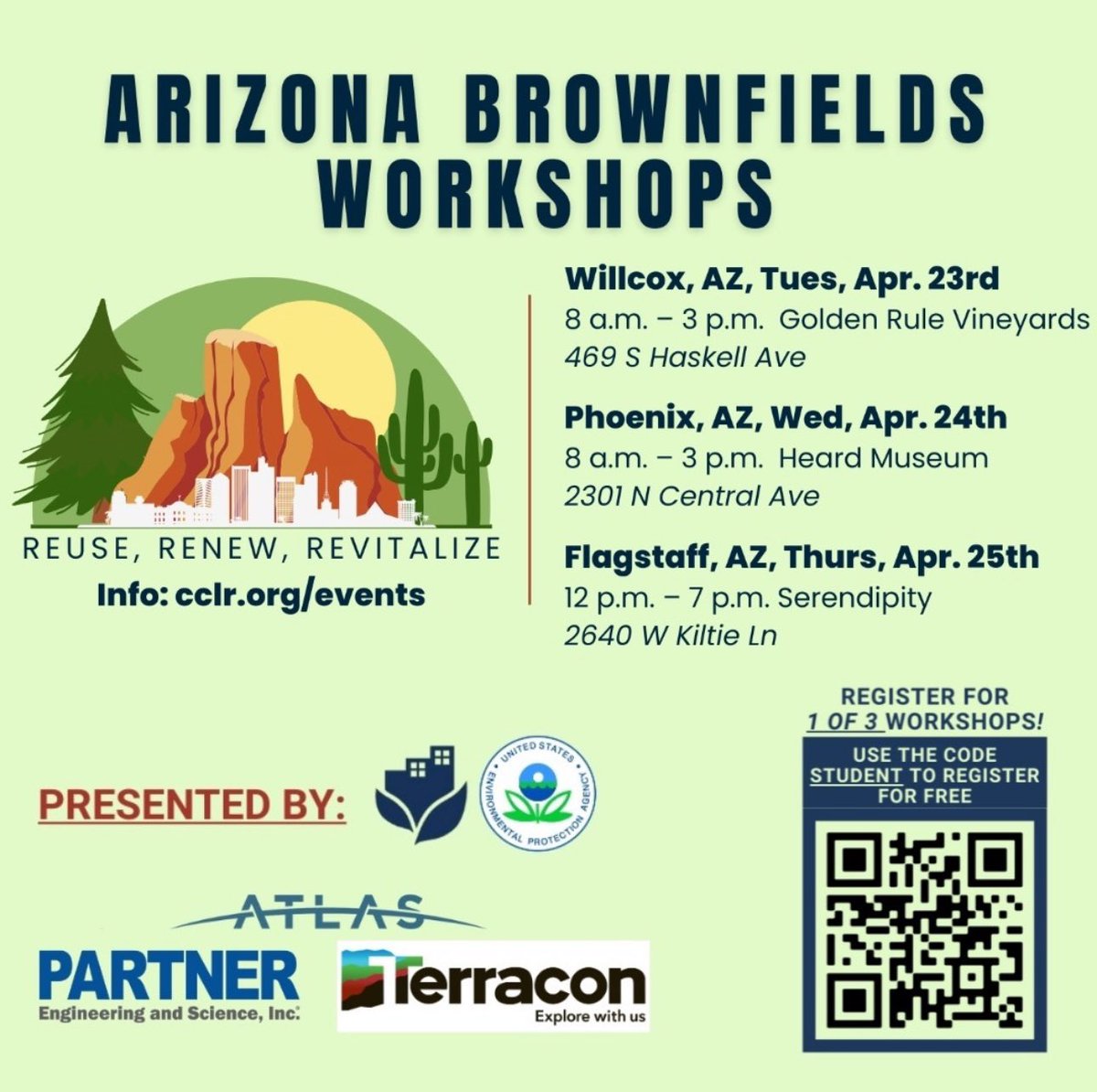 We’ll be attending ALL 3 Arizona Brownfields Workshops! Please come learn alongside us and also learn about the resources available to you! See below to register.