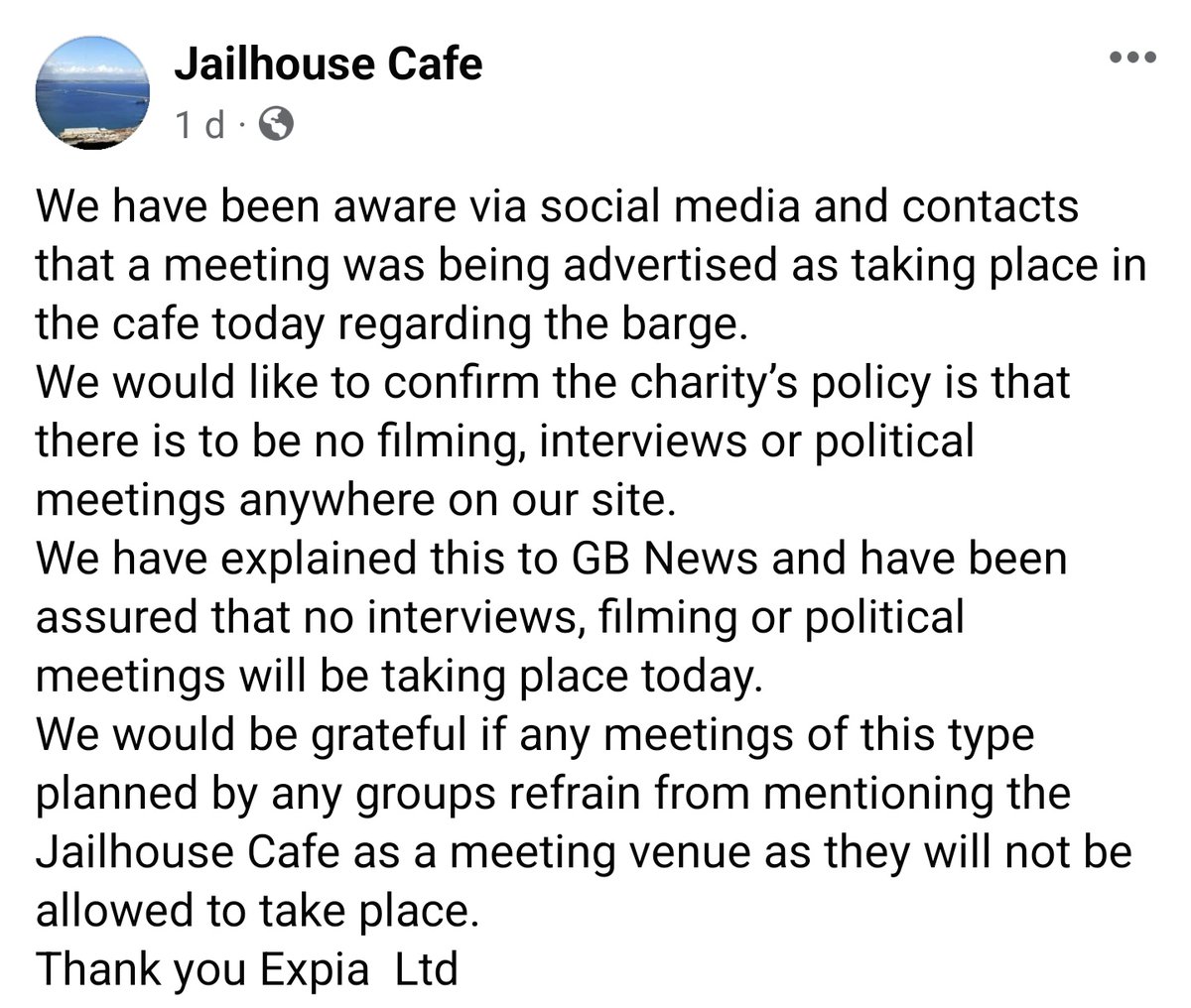 Jailhouse Cafe on Portland has confirmed they stopped a filmed meeting with GB News at its cafe. The meeting was expected to discuss the Bibby Stockholm with campaigners, but was stopped after the cafe's manager discovered a post on Facebook.