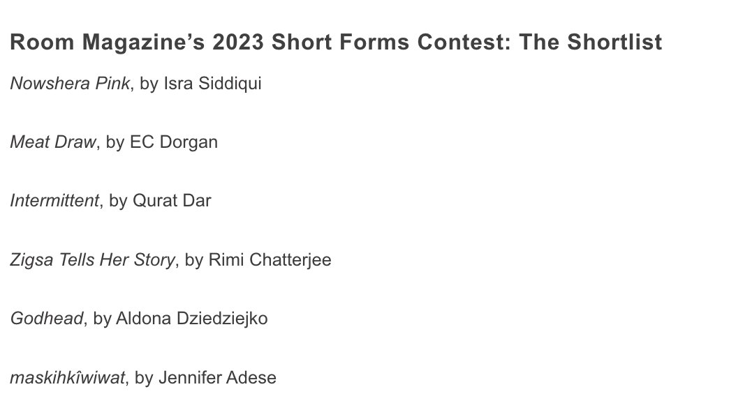 We are so excited to announce the 2023 Short Forms Contest shortlist! Thank all who trusted us with their work and to our wonderful judge, Tsering Yangzom Lama, for reviewing the works with such careful consideration. Congrats to these six writers! roommagazine.com/short-forms-co…