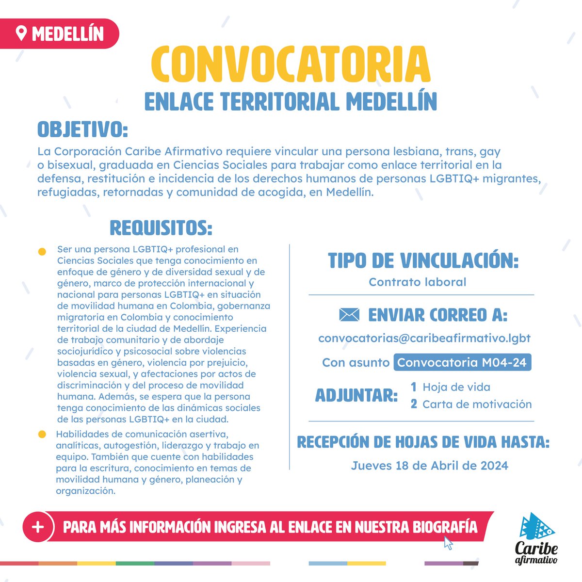 📣🏳️‍🌈¡Te estamos buscando! Conoce los términos de referencia de nuestra #convocatoria. — Enlace territorial #Medellín 🗓️Cierre: 18 de abril de 2024 👉Más información en el enlace de nuestra bio. #TrabajoSiHay @empleocol @jobtips_