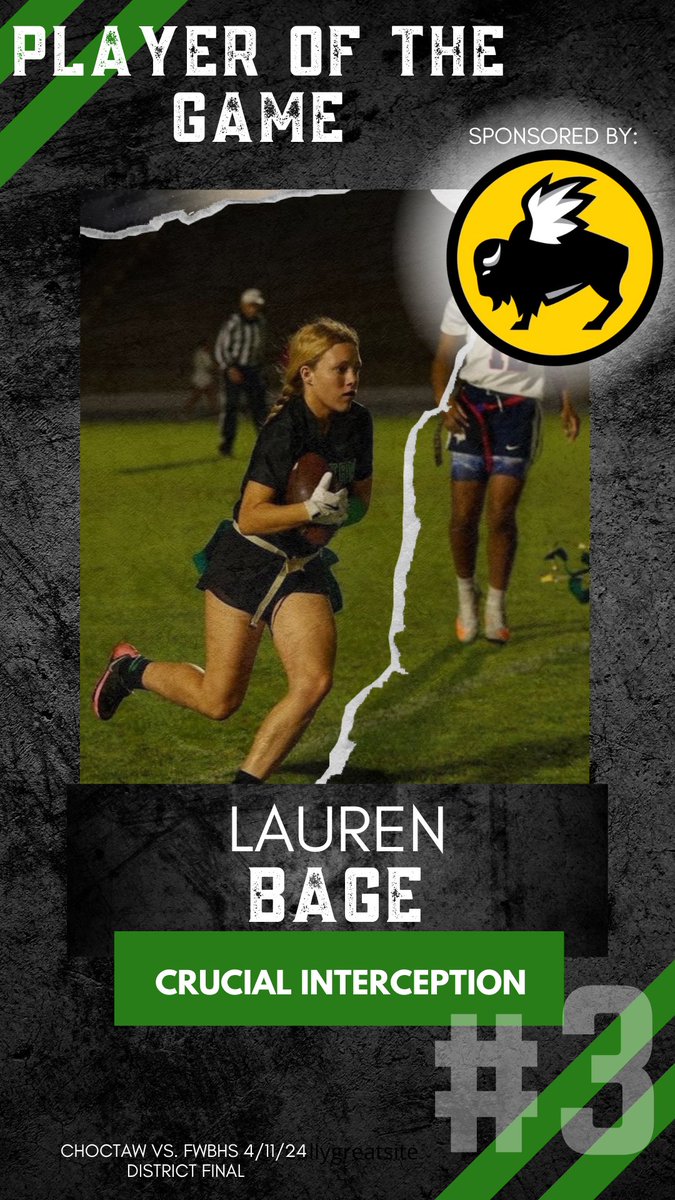 Our Player of the Game, sponsored by Buffalo Wild Wings, Senior, Lauren Bage! Lauren had a crucial interception that led to a touchdown to put us back in the game and give us a chance to win the game in our District Final playoff game against Fort Walton Beach last night.