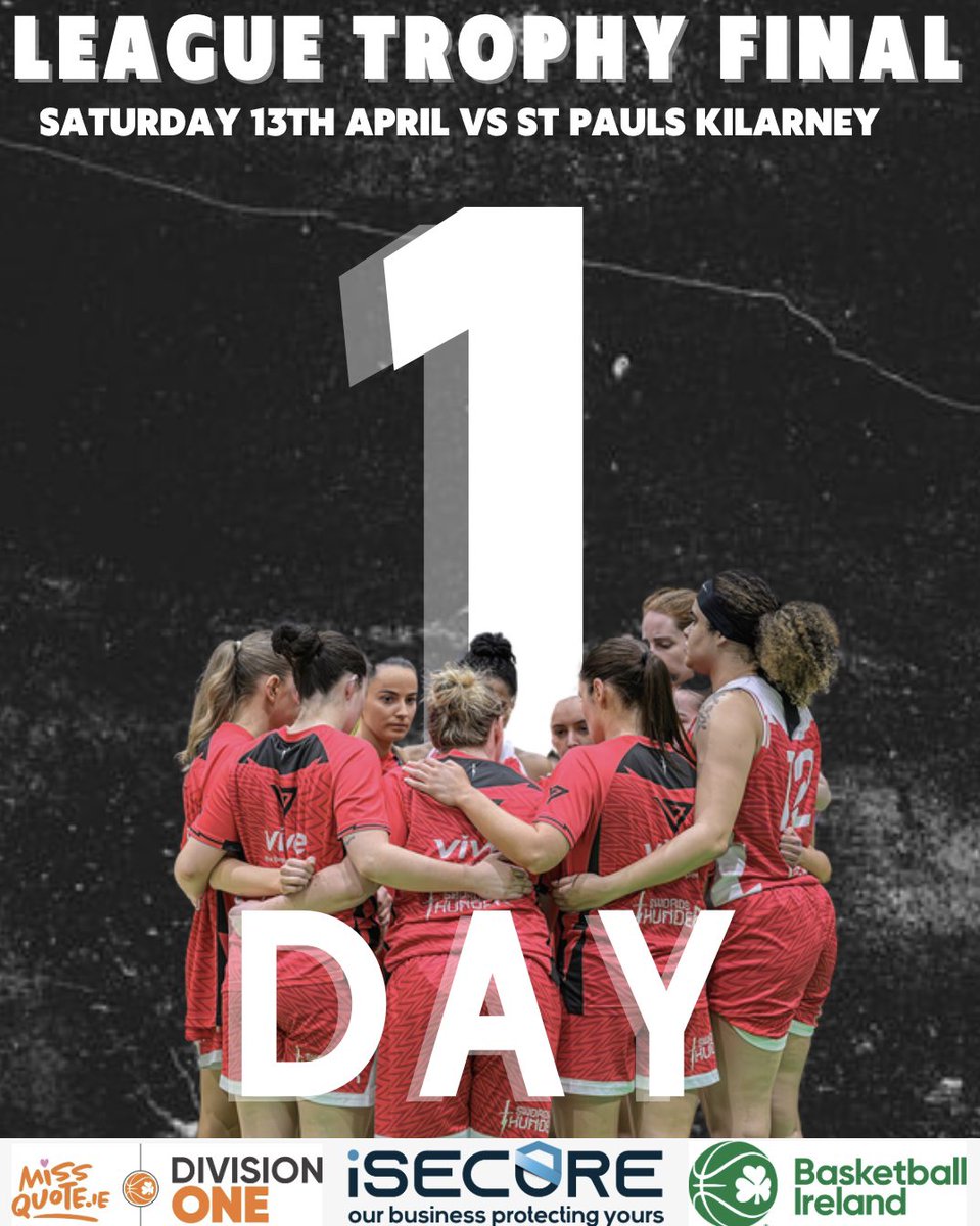 1️⃣ Day Left! iSecure Swords Thunder take on St Paul’s Killarney this Saturday as both teams return to @BballIrl Arena for the Div1 League Trophy Final, let’s get out and support our girls! 🙌 #HearTheThunderFearTheStorm⚡️#BITV #BID1