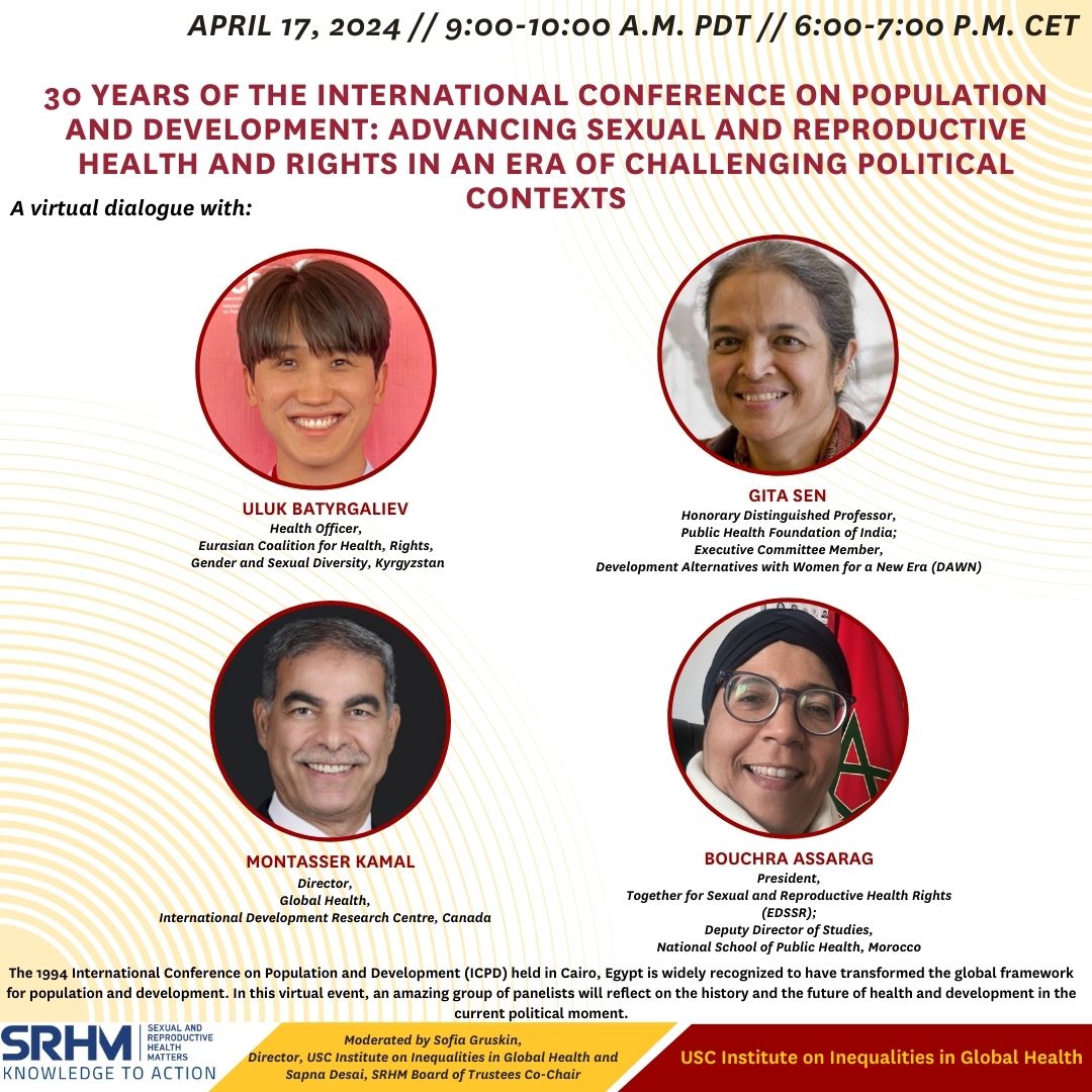Mark your calendar for the event “30 Years of the International Conference on Population and Development: Advancing Sexual and Reproductive Health and Rights in an Era of Challenging Political Contexts,” on 4/17 at 9:00 am PDT/6:00 pm CET. RSVP: tinyurl.com/iigh-icpd30