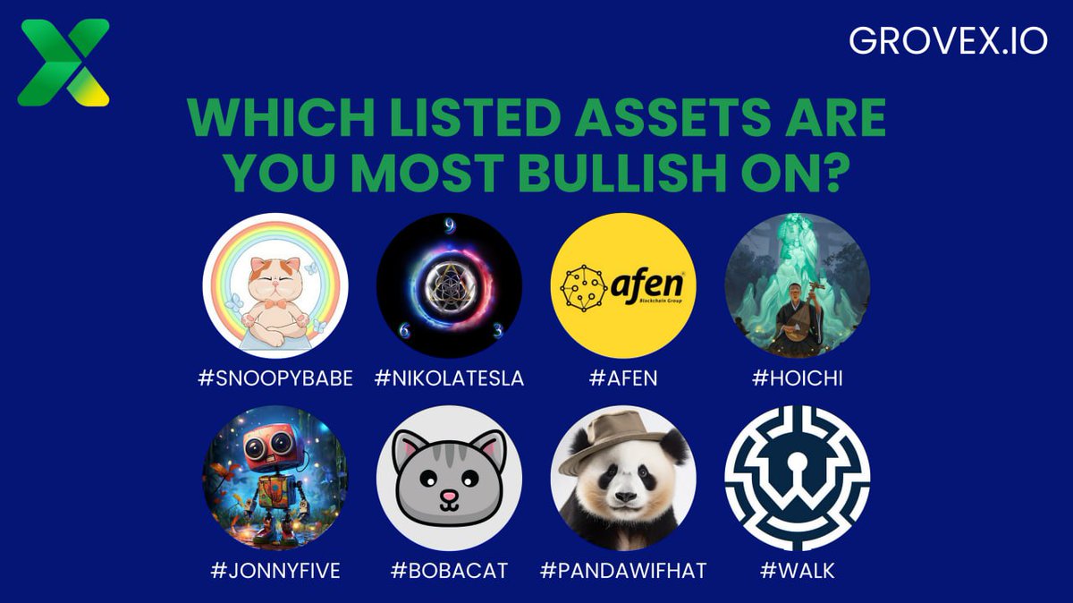 Which #GroveX listed assets are you most bullish on? Hashtag them below and let's see who has the strongest community. #SNOOPYBABE #NIKOLATESLA #AFEN #HOICHI #JONNYFIVE #BOBACAT #PANDAWIFHAT #WALK