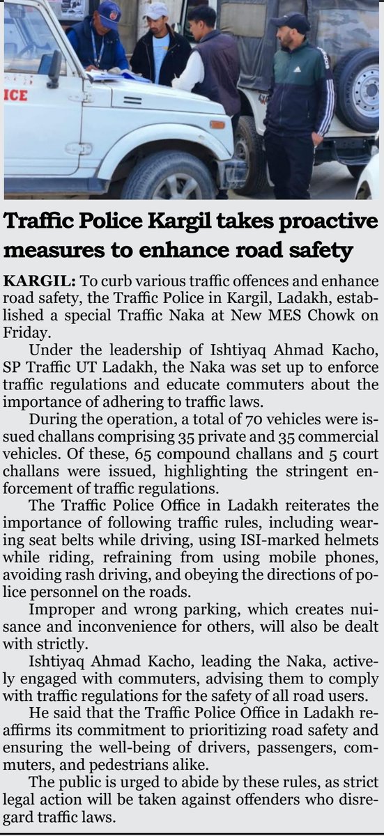 #TrafficPolice Kargil takes proactive #measures to enhance #roadsafety

@lg_ladakh @ADGP_Ladakh @police_kargil