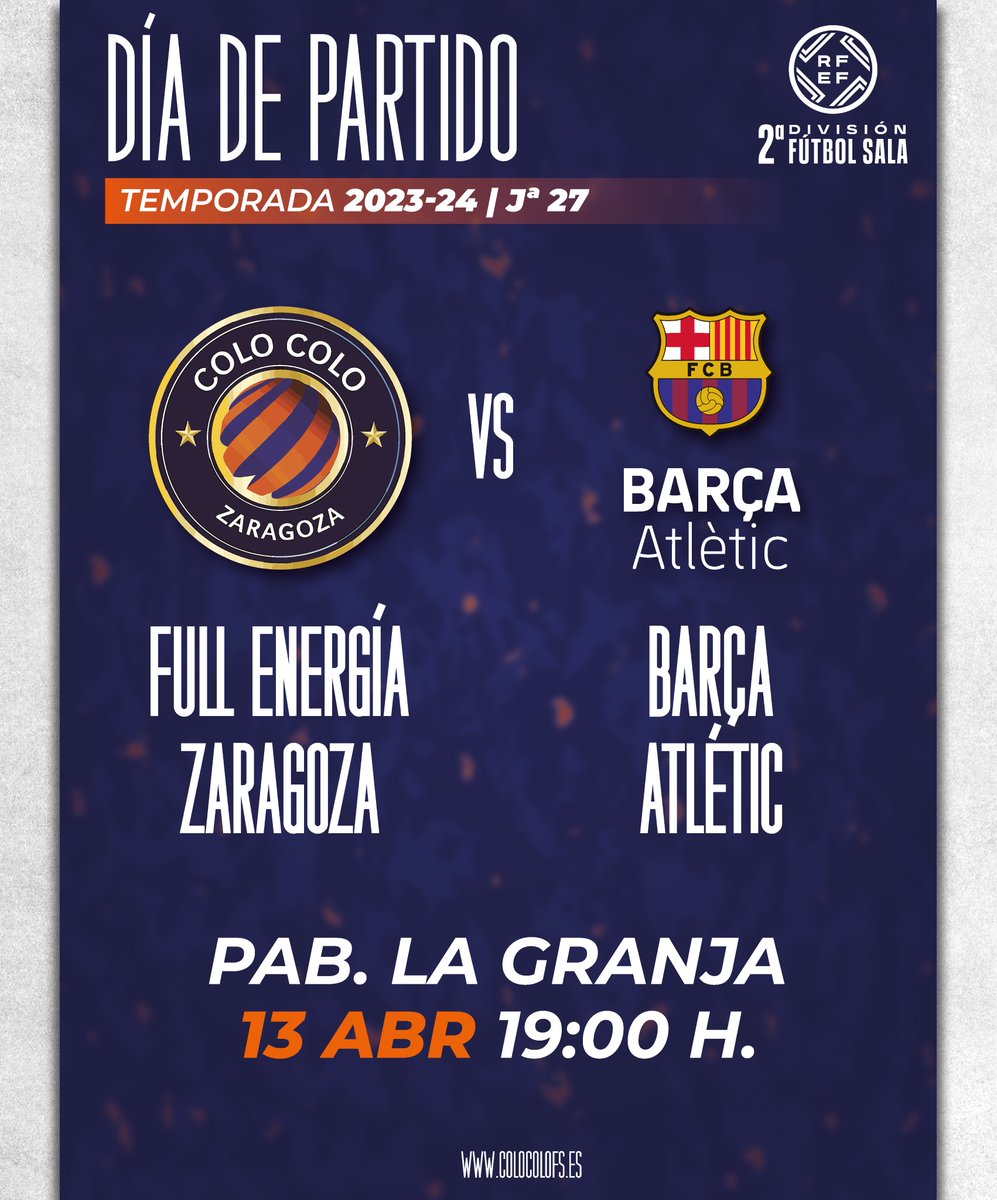 ⚽️ ¡HOY JUEGA EL FULL ENERGÍA ZARAGOZA! 🆚 @FCBfutbolsala Atlètic 🏆 Jornada 27 de la #SegundaDivisiónFS ⌚️ 19:00 horas 🏟️ Pab. La Granja ℹ️ colocolofs.es/web/el-full-en… 🎟️ colocolozaragoza.compralaentrada.com/eventos/9452/9… 📺 @ardeportes 🫂 EQUIPO Y AFICIÓN, ¡A POR LA VICTORIA! 💪