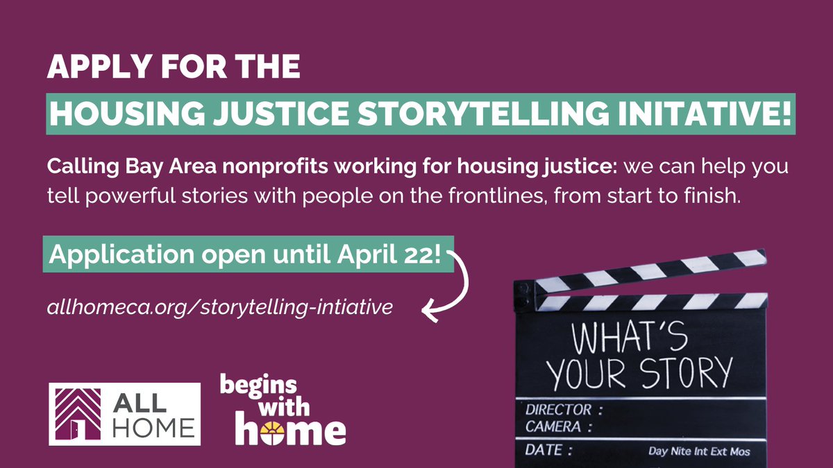 Stories bring movements to life. They can also be tricky to tell right. @allhomeca's new Housing Justice Storytelling Initiative can help! APPLY BY 4/22. Nonprofits + ppl w/lived experience get trained and matched w/pro videographers. 📽️🧑🏿‍🤝‍🧑🏾✊🏾 Learn more: allhomeca.org/storytelling-i…