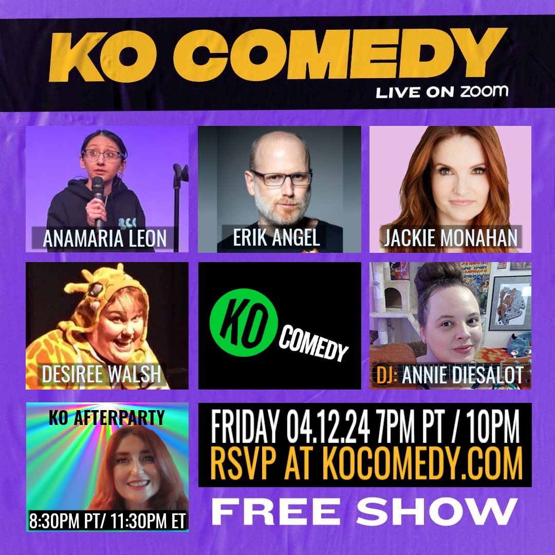 TONIGHT! We've got great comedy for you. Get your free Zoom link at KOComedy.com or watch on Twitch with @comedyhublive #KO #Comedy #Afterparty #Friday