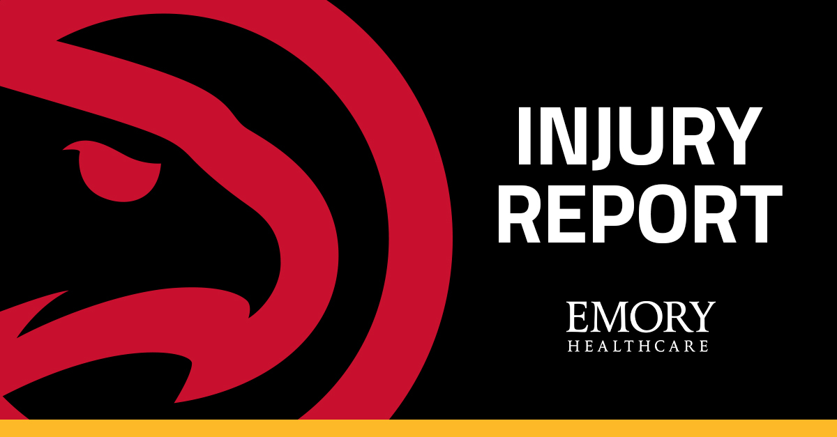 An @emoryhealthcare injury report for tonight’s game at Minnesota: Clint Capela (rest): Available AJ Griffin (right ankle sprain): Available Dejounte Murray (right quad contusion): Questionable Saddiq Bey (left knee torn ACL): Out Jalen Johnson (right ankle sprain): Out Seth