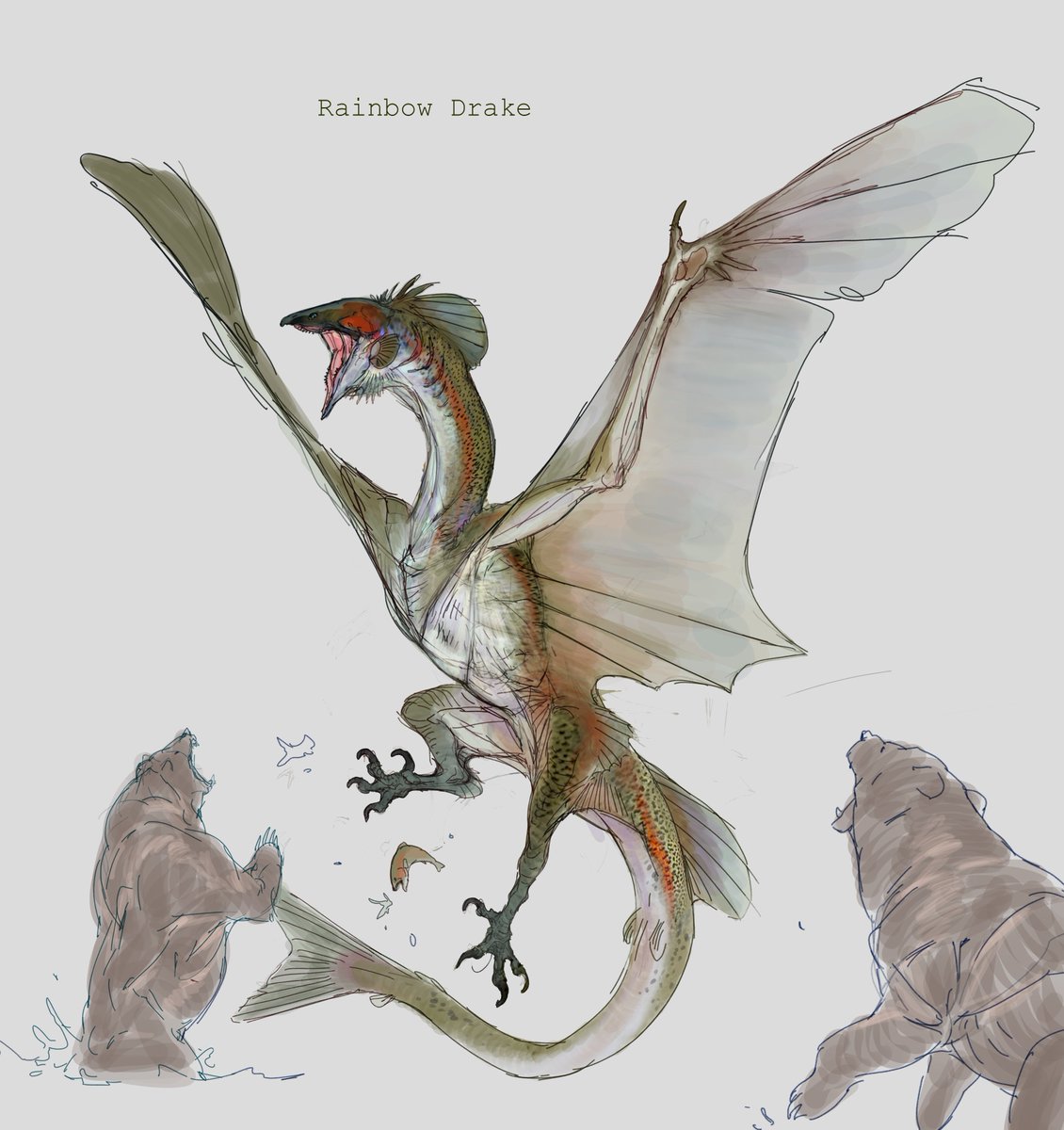 A delightful rainbow trout inspired drake I got to design for Outlaws of Thunder Junction, you can spy him and his rattling friend in the back of Fblthp's card 😎