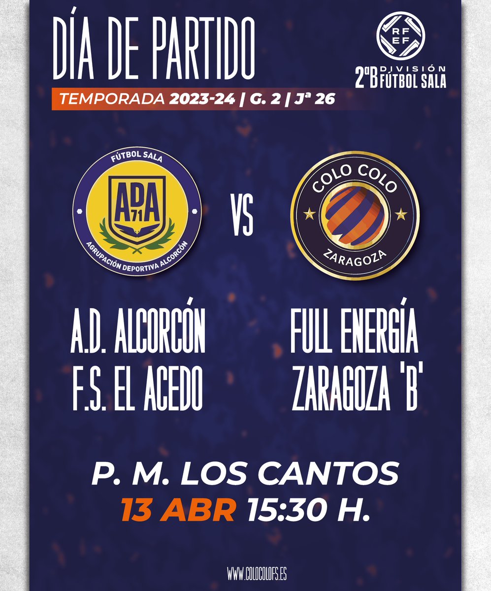 ⚽️ ¡HOY JUEGA EL FULL ENERGÍA ZARAGOZA 'B'! 🆚 @ADAlcorconFSF 🏆 Segunda División 'B' - Grupo 2 📌 Jornada 26 ⌚️ 15:30 horas 🏟️ P. M. Los Cantos #VamosColo