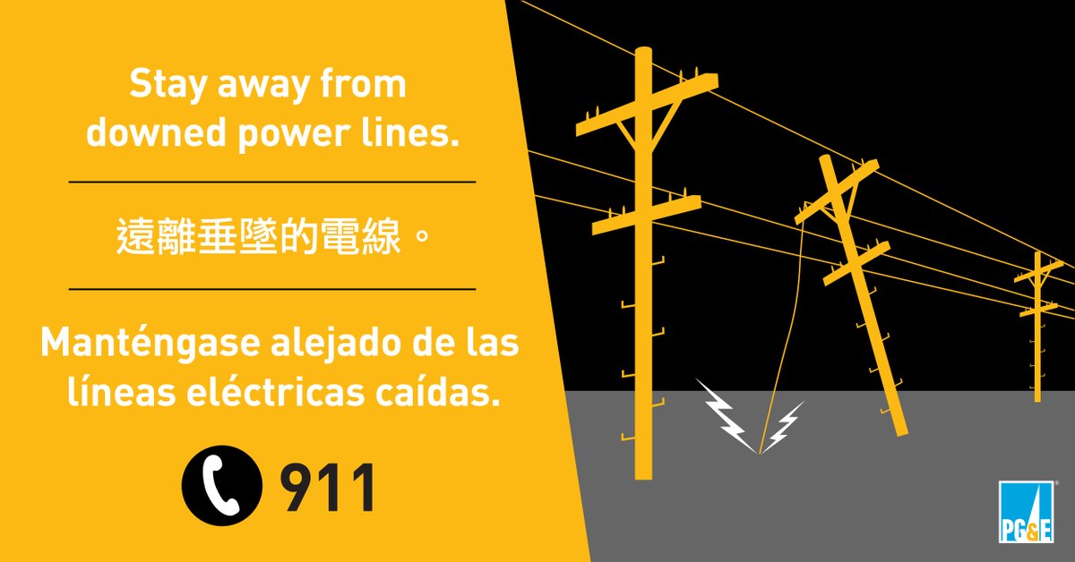 AWARENESS: Please be extra alert for high winds and downed trees/branches—they could be hiding a power line. Assume all wires are energized & extremely dangerous. Don't touch or try to move it—keep children & animals away. Report downed lines to 911 and PG&E at 1-800-743-5002.