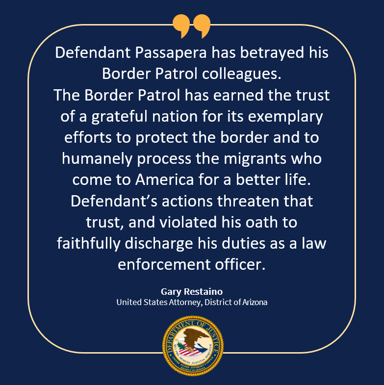 Former Border Patrol Agent Sentenced to 18 Years in Prison for Drug Smuggling and Bribery @FBIPhoenix @USAttyRestaino @DHSOIG justice.gov/usao-az/pr/for…