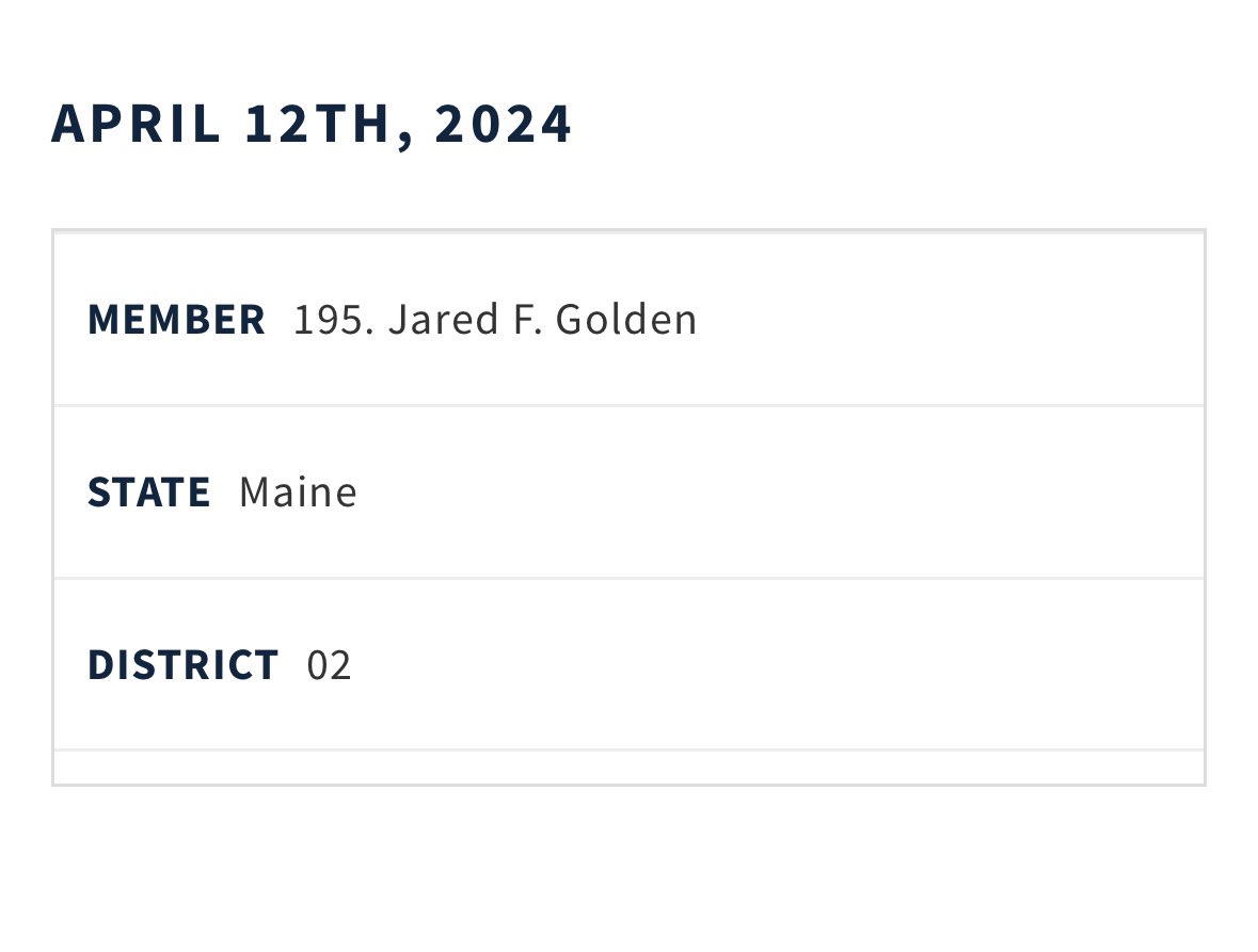 New today: Golden has signed on to the discharge petition to put the Senate national security supplemental up for a vote.