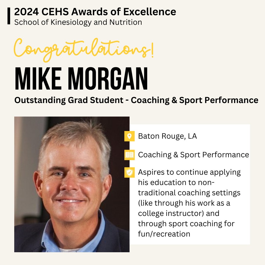 Congrats to Mike Morgan, Outstanding Graduate Student in Coaching and Sport Performance for <a href="/SouthernMissSKN/">SouthernMissSKN</a>! 🎉👏🦅
