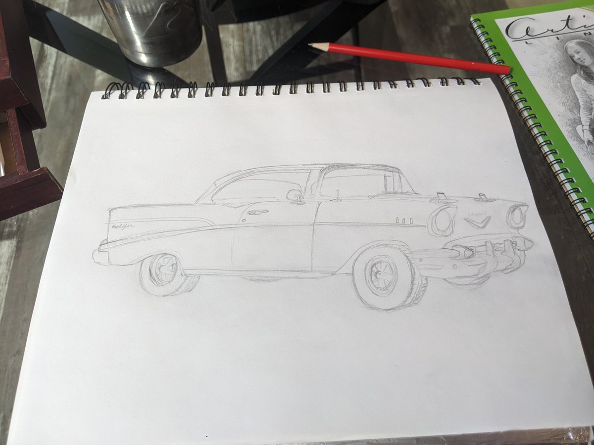 Today's car portrait: '57 Bel Air coupe in pencil, with ink highlights and outlining.  Also included; an all-pencil version and my original sketch, to show why I prefer inked lines with color. #chevroletbelair #classiccar #hotrod #americanmuscle #carportrait #commissionsopen2024