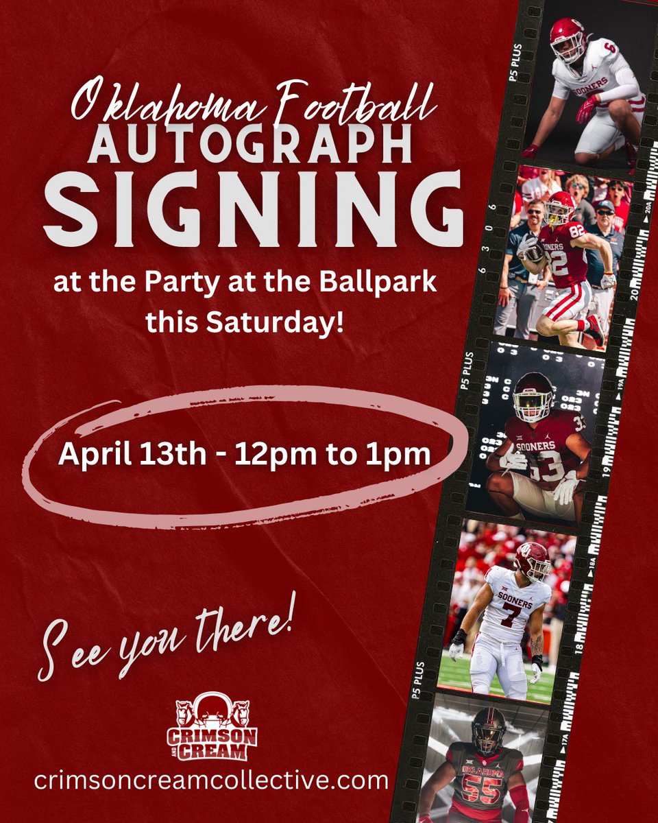Come by to see me and some of the guys at the Party at the Ballpark tomorrow from 12-1pm before the @OU_Softball and @OU_Baseball games for an autograph session! Can’t wait to see you all out there! @crimsoncreamnil @ou_football