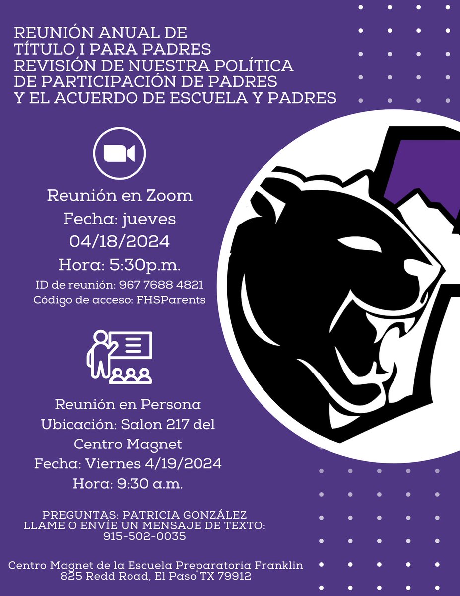 Comunidad de Padres de Franklin: Únase con nosotros en nuestra Reunión Anual de Revisión de Nuestra Política de Participación de Padres y Acuerdo de Escuela y Padres delTítulo I. #CougarPowerhouse