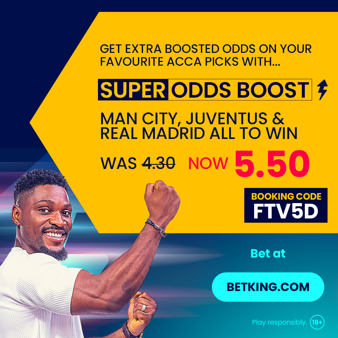 The weekend is here which means there's football, left, right and center on our TV screens and on betking.com. Among which is our Super Odds Boost of Man City, Juventus & Madrid all to win boosted to 5.50 odds. Use booking code FTV5D to bet now.