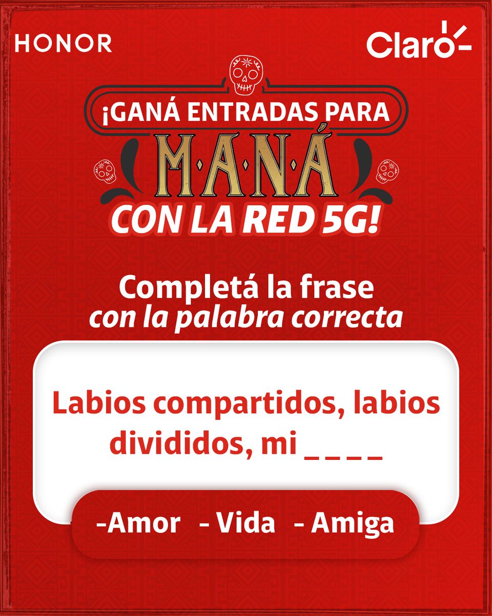 claroguatemala's tweet photo. ¿Querés cantar tus canciones favoritas de Maná?
Participá aquí:
✅ Completá la frase con la palabra correcta.
✅ Mencioná a la persona con la que querés ir.
✅ Dale ❤️ y RT a este tweet. https://t.co/9nYweyD8N0