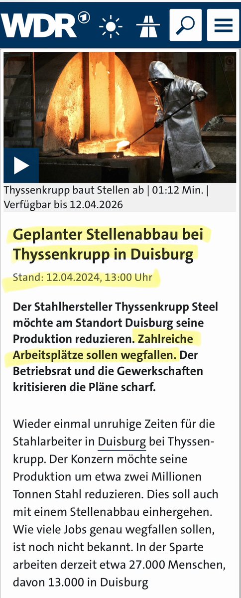 Grünes Wirtschaftswunder in 2. Akten.

1. Thyssenkrupp erhält von Habeck 2 Mrd Euro Subventionen. Steuerzahler zahlt. 

2. Thyssenkrupp: wir werden Stahlproduktion reduzieren - wegen hoher Energiekosten. Stellenabbau wurde angekündigt. Steuerzahler zahlt  Transferleistungen