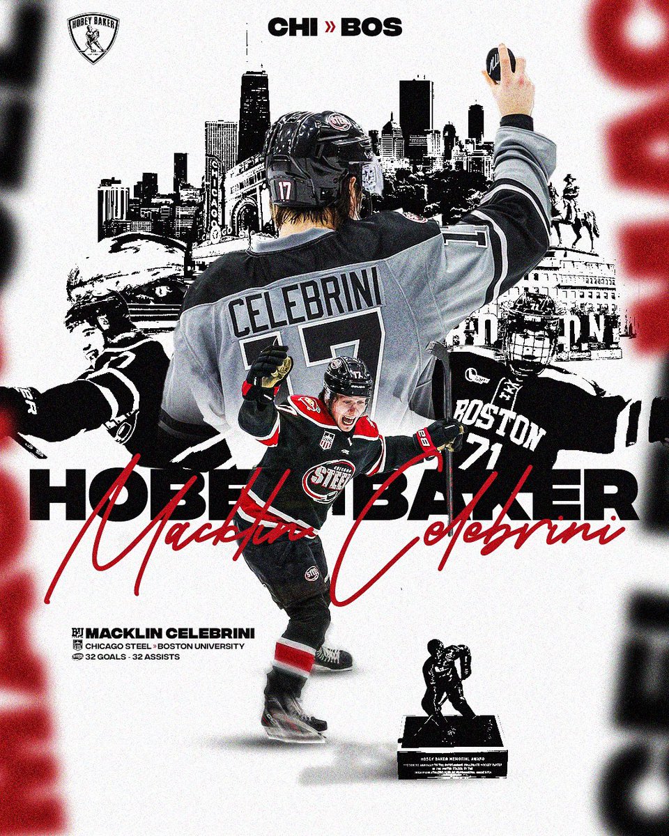 Macklin “Cheetah” Celebrini has won the @HobeyBakerAward‼️ The former @ChicagoSteel F and 17 year old phenom set @NCAAIceHockey on fire this season as he built on his success in the USHL. The Steel have produced the last two Hobey recipients. #StarsRise shorturl.at/adyNR