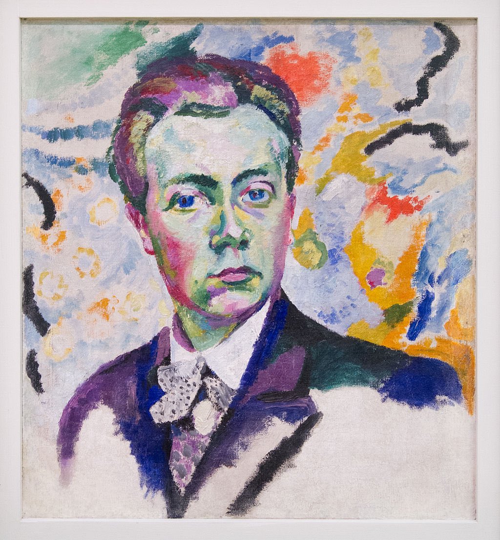 Born on this day 1885, in Paris, Robert Delaunay. A bit after my time. Looks glum despite cheerful colors in self-portrait, 1905.