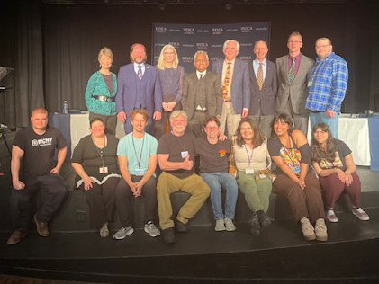 Crew and panel still smiling after 2-day set up and 1-hour show @uticauniversity. Great to have a student audience plus some #IvoryTower fans. Watch tonight at 8 pm or 5:30 Saturday or online @WCNYPBS